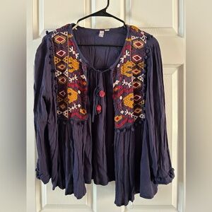 Anthropologie Navy Embroidered Boho Top
